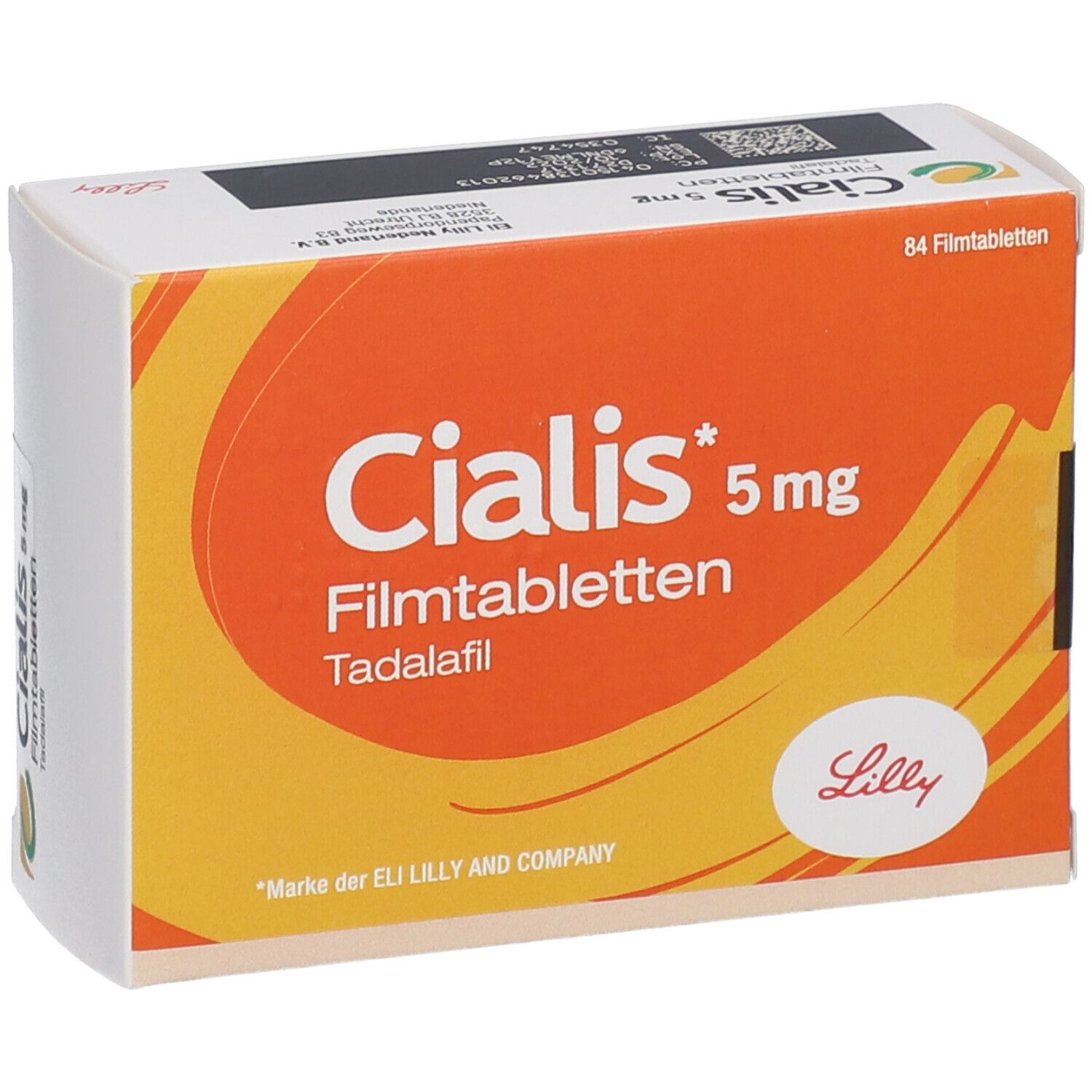Cialis 5 mg Filmtabletten Tadalafil Verpackung mit Lilly Logo, 84 Filmtabletten.