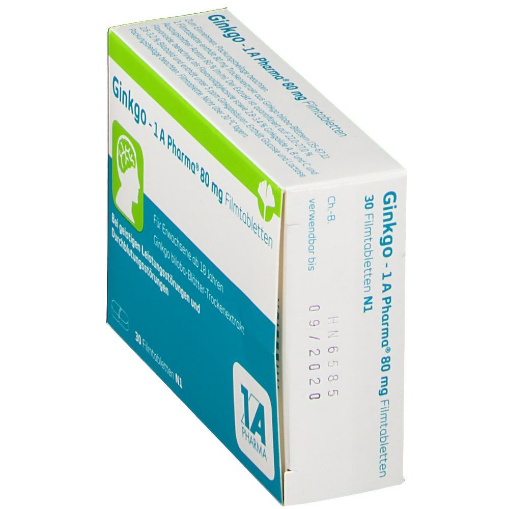Schrägansicht der Ginkgo -1 A Pharma 80 mg Filmtabletten-Verpackung. Informationen und Logo auf weißem Hintergrund.