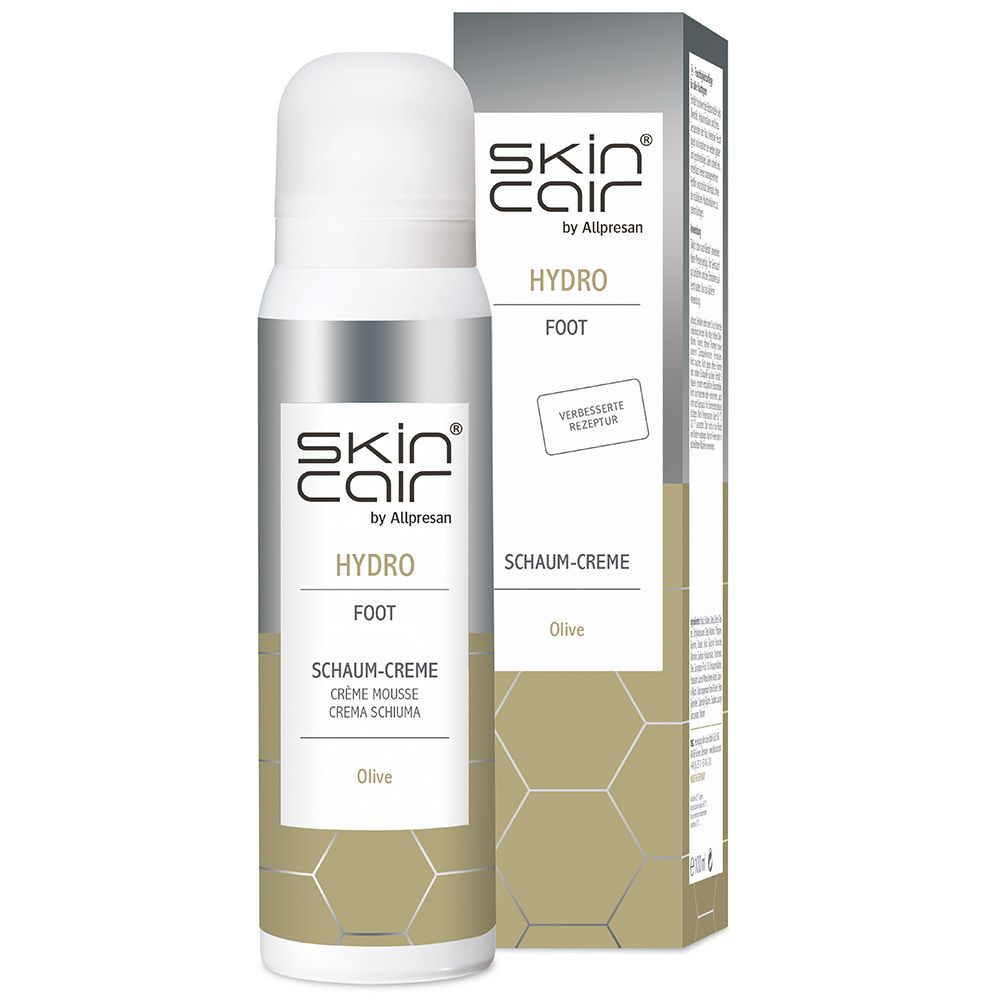 Skincair® HYDRO Foot Schaum-Creme Olive. Spraydose und Verpackung. Produktname, Marke und Inhaltsstoffe.