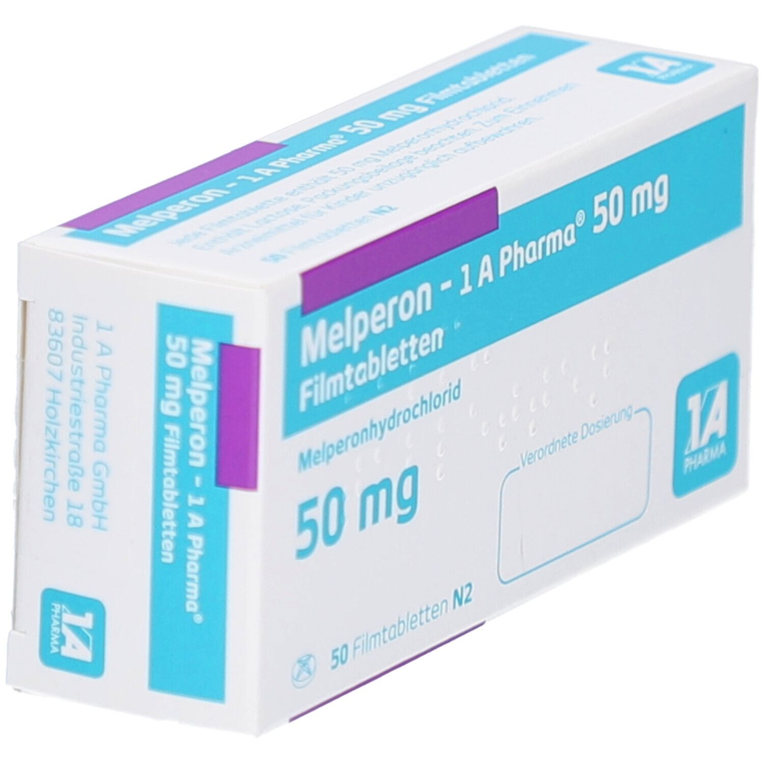 Schachtel mit Melperon - 1 A Pharma 50 mg Filmtabletten. Aufschrift: 50 mg, 50 Filmtabletten N2. Logo 1 A Pharma.