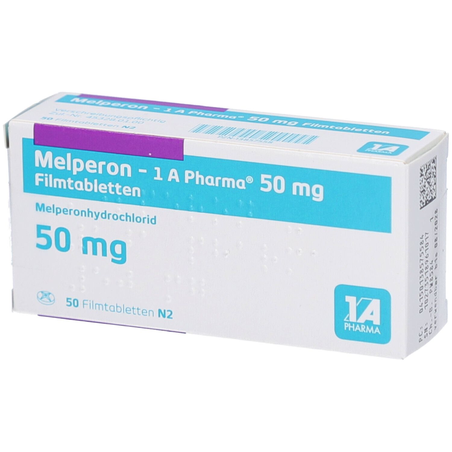 Schachtel mit Melperon - 1 A Pharma 50 mg Filmtabletten. Aufschrift: 50 mg, 50 Filmtabletten N2. Logo 1 A Pharma.
