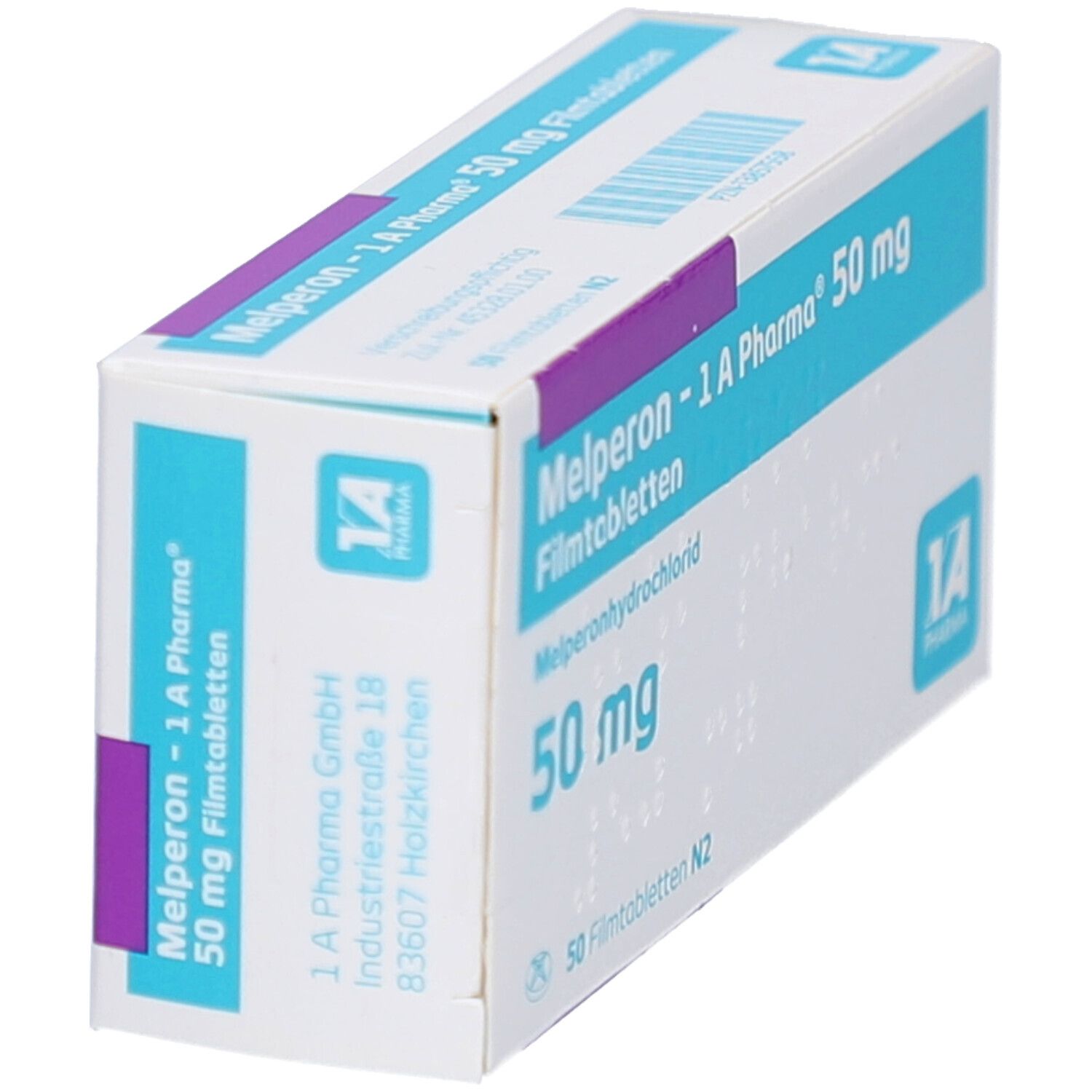 Schachtel mit Melperon - 1 A Pharma 50 mg Filmtabletten. Aufschrift: 50 mg, 50 Filmtabletten N2. Logo 1 A Pharma.