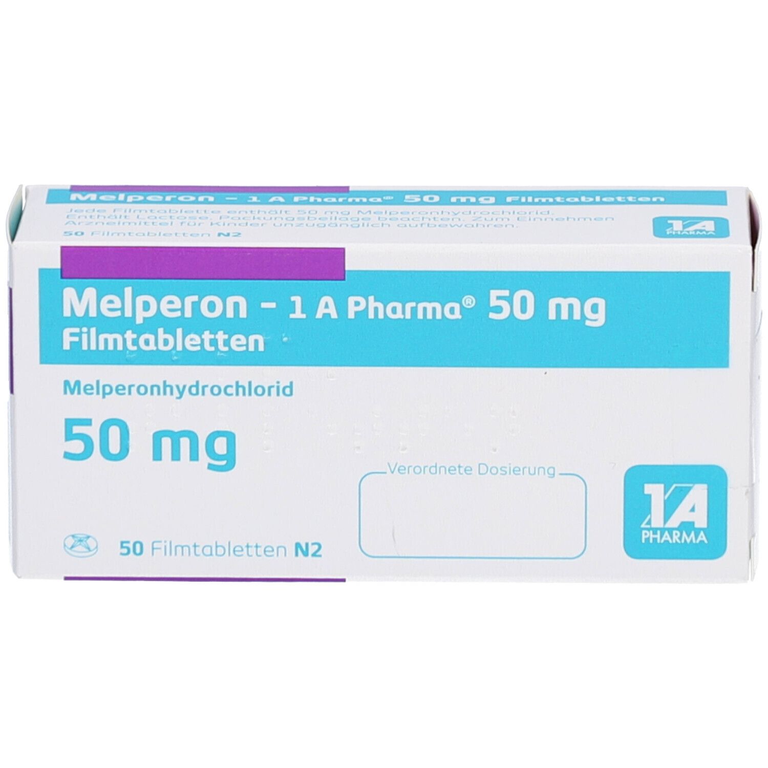 Schachtel mit Melperon - 1 A Pharma 50 mg Filmtabletten. Aufschrift: 50 mg, 50 Filmtabletten N2. Logo 1 A Pharma.