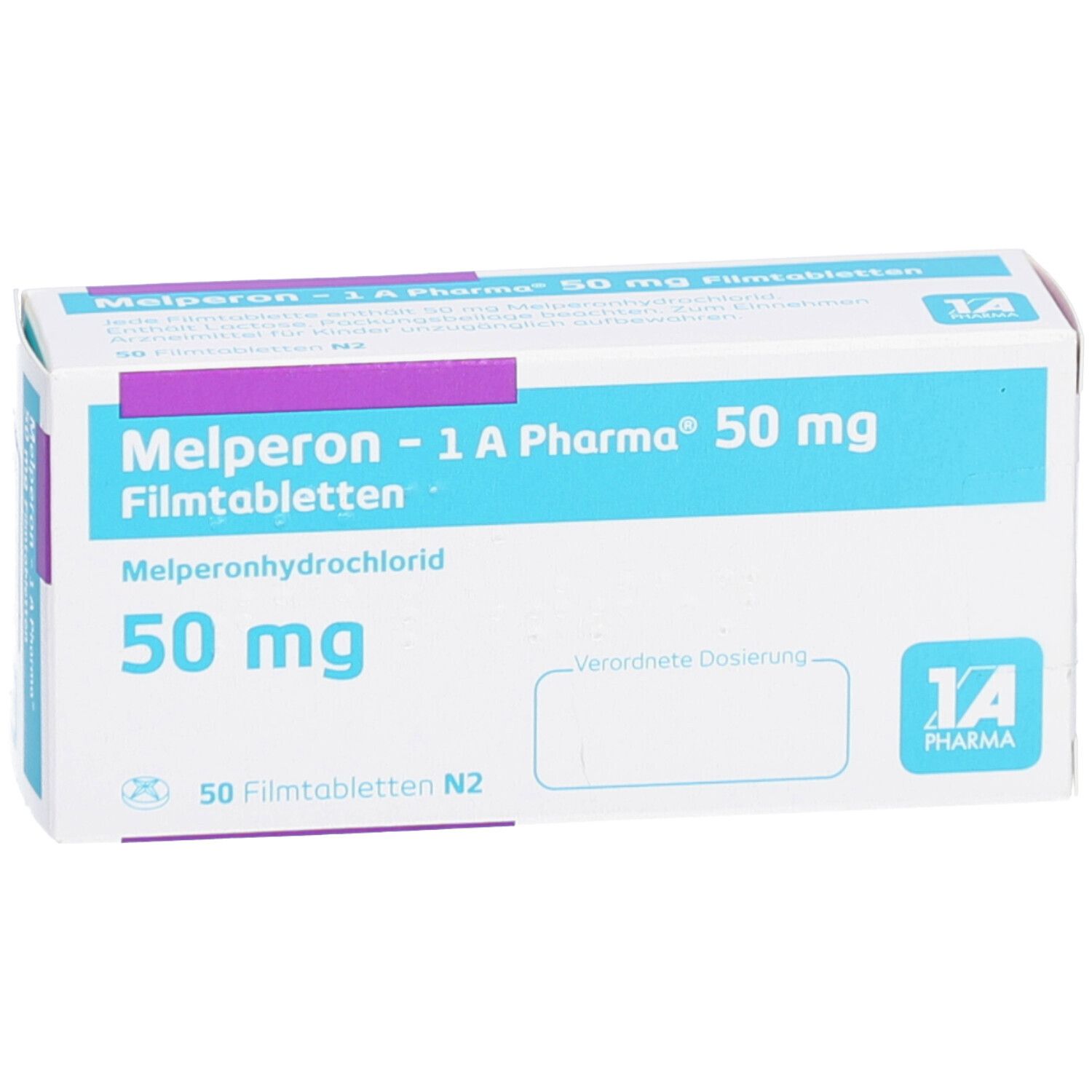 Schachtel mit Melperon - 1 A Pharma 50 mg Filmtabletten. Aufschrift: 50 mg, 50 Filmtabletten N2. Logo 1 A Pharma.