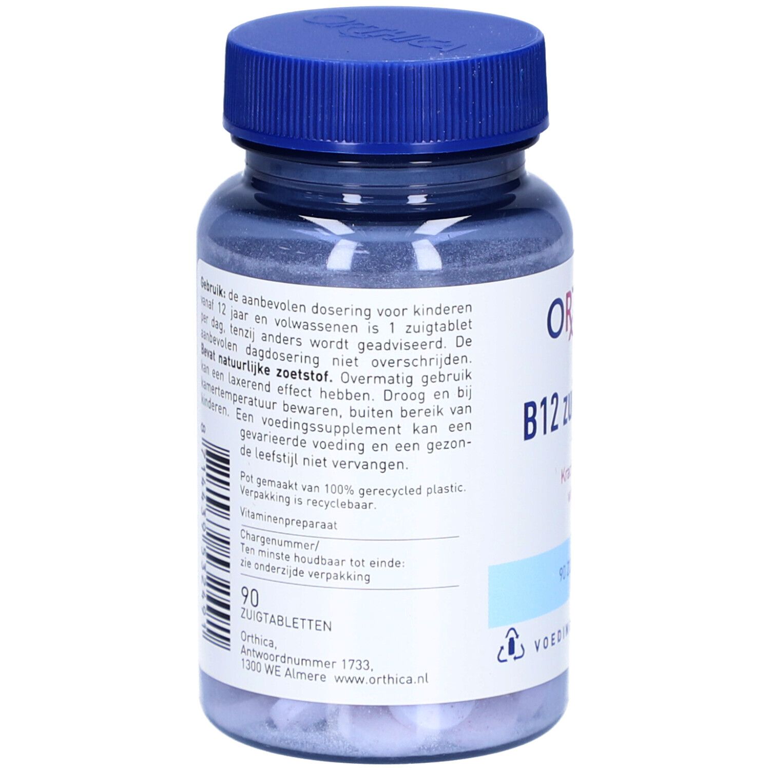ORTHICA B12 Lutschtabletten. Rückseite der blauen Flasche. Textinformationen und Angaben zur Zusammensetzung.
