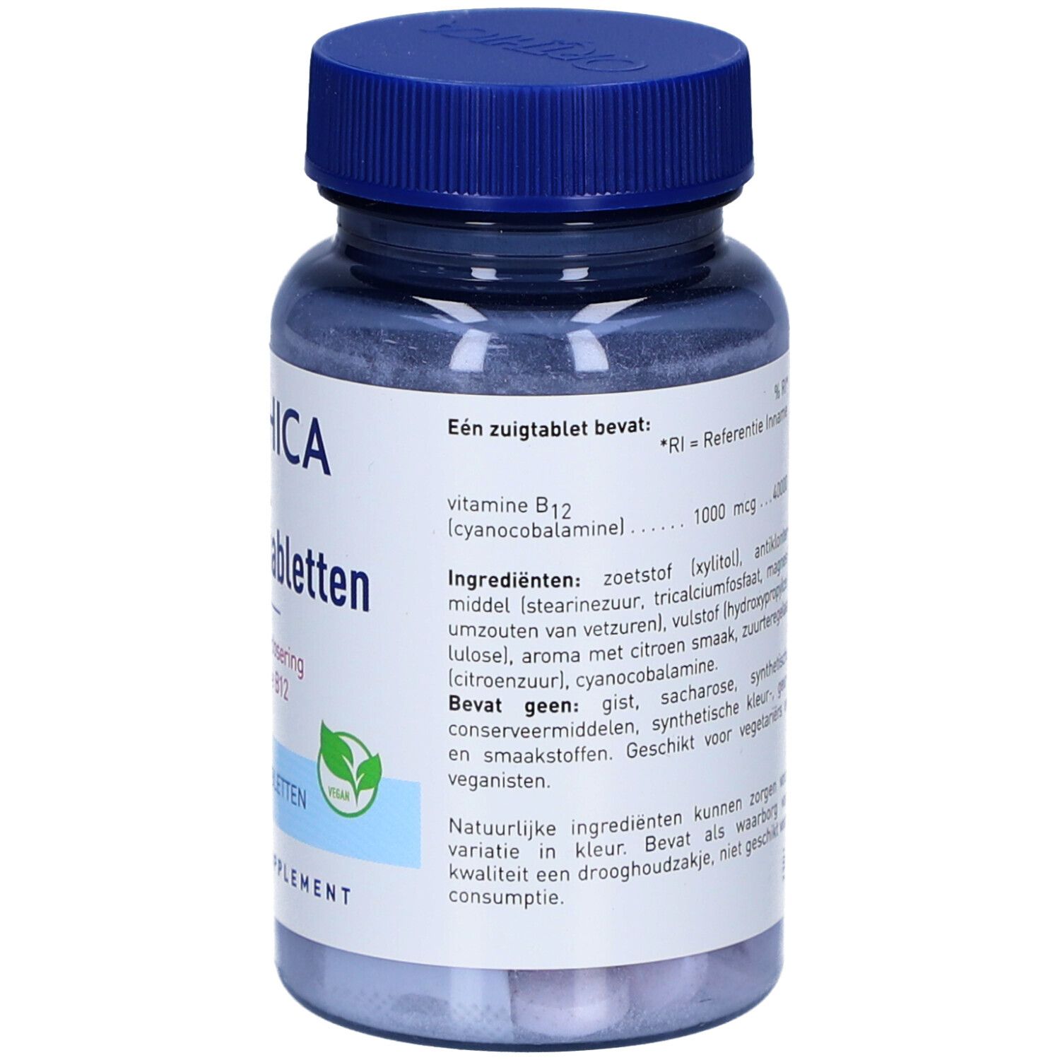 ORTHICA B12 Lutschtabletten. Rückseite der blauen Flasche. Textinformationen und Inhaltsstoffe.