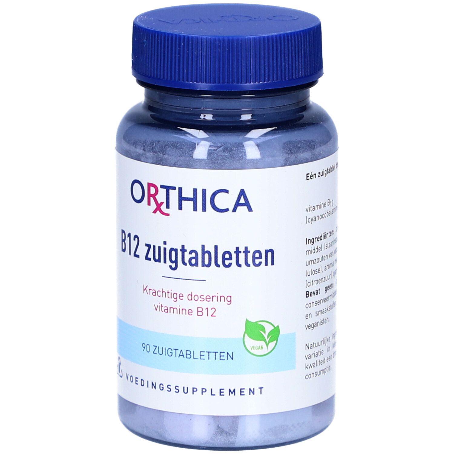 ORTHICA B12 Lutschtabletten. Blaue Flasche mit blauem Deckel. Aufschrift: B12, 90 Lutschtabletten.