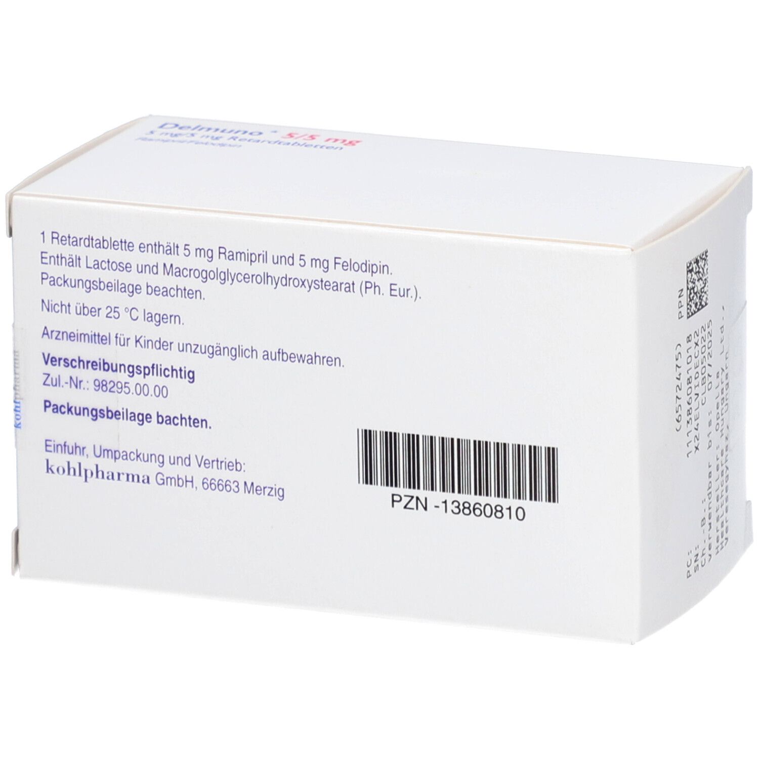 Rückseite der Delmuno 5/5 mg Retardtabletten-Schachtel. Enthält Informationen zu Inhaltsstoffen und Hersteller.