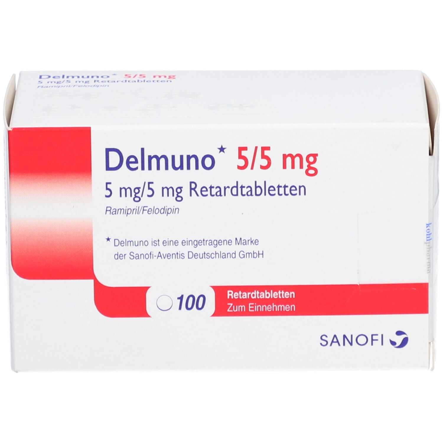 Schachtel Delmuno 5/5 mg Retardtabletten. Aufschrift: 5 mg/5 mg Retardtabletten, 100 Tabletten. Sanofi Logo.