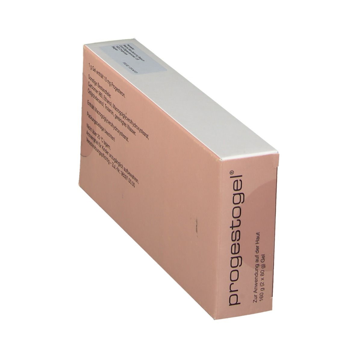 Schachtel, schräg. Produktname und Aufschrift "10 mg/g Gel Progesteron". Brauner Bereich. Text zur Anwendung auf der Haut.