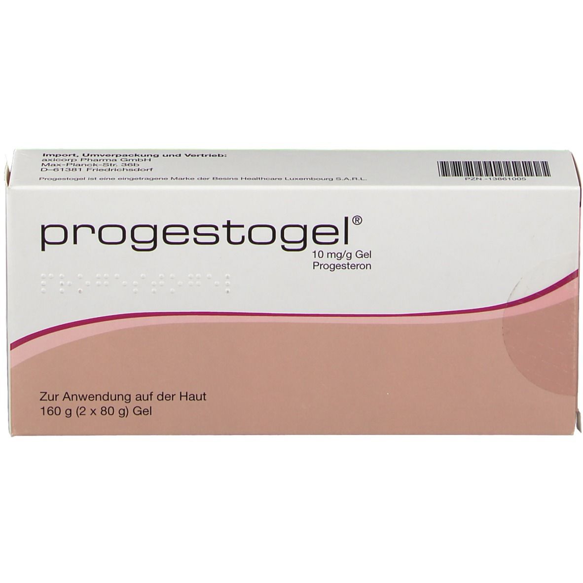 Weiße Schachtel mit Produktnamen und Aufschrift "10 mg/g Gel Progesteron". Brauner Bereich unten. Text zur Anwendung auf der Haut.