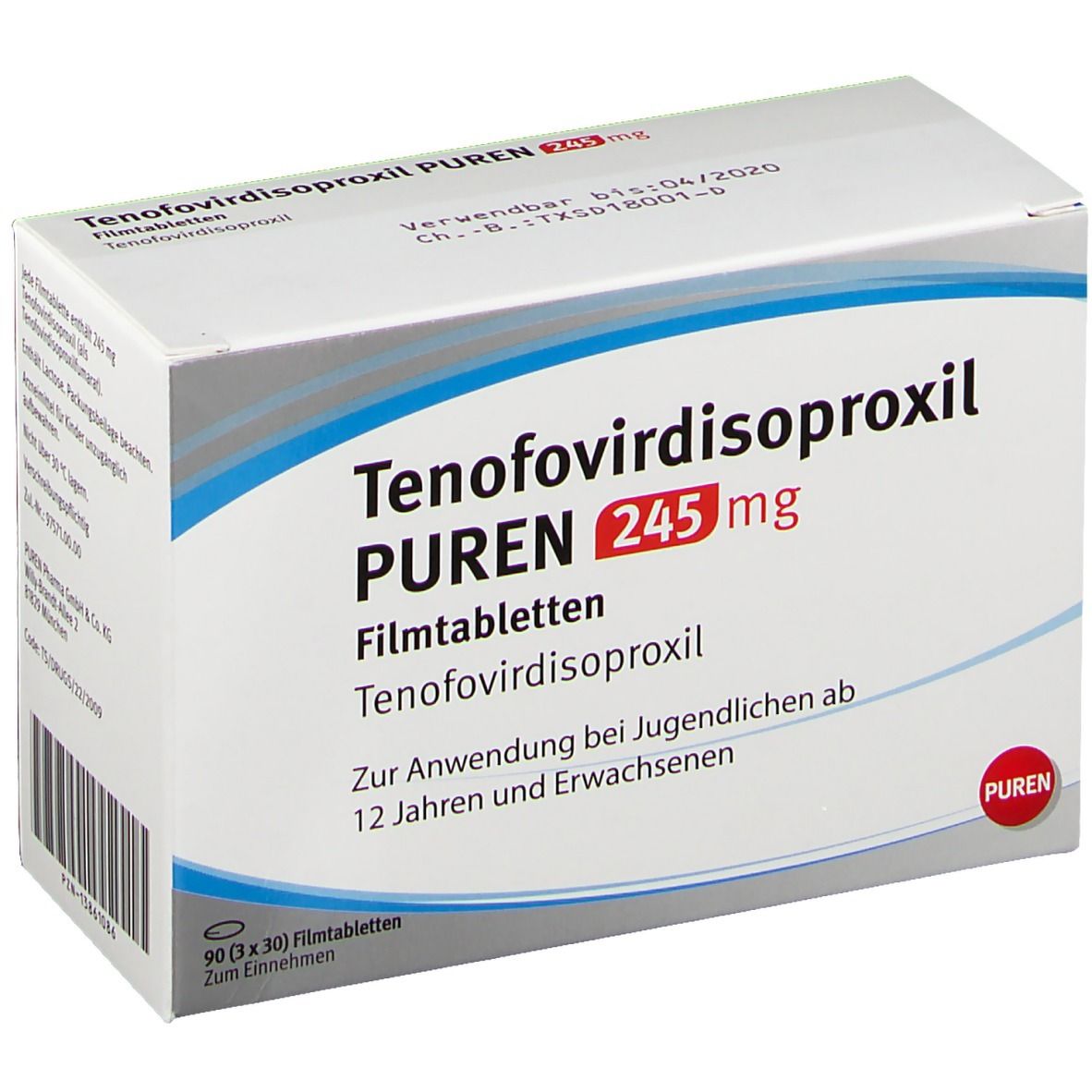 Schachtel mit Tenofovirdisoproxil PUREN 245 mg Filmtabletten. Weiße Verpackung mit blauen und roten Akzenten. Text in Deutsch.