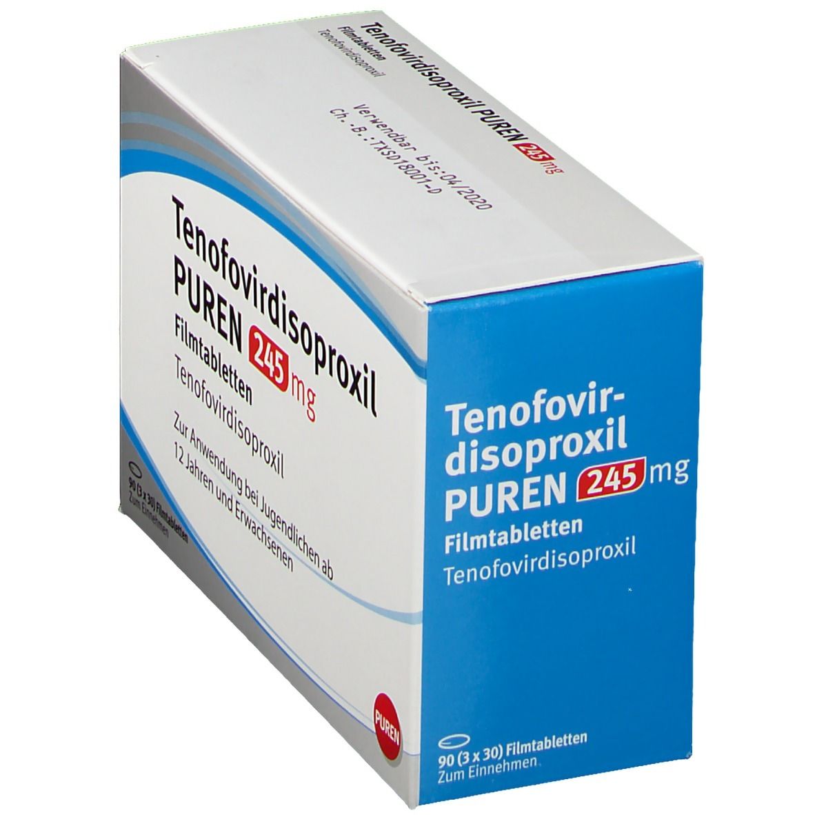 Schachtel mit Tenofovirdisoproxil PUREN 245 mg Filmtabletten. Blaue und weiße Verpackung. Text in Deutsch.