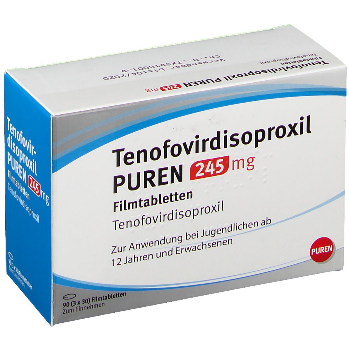 Schachtel mit Tenofovirdisoproxil PUREN 245 mg Filmtabletten. Weiße Verpackung mit blauen und roten Akzenten. Text in Deutsch.