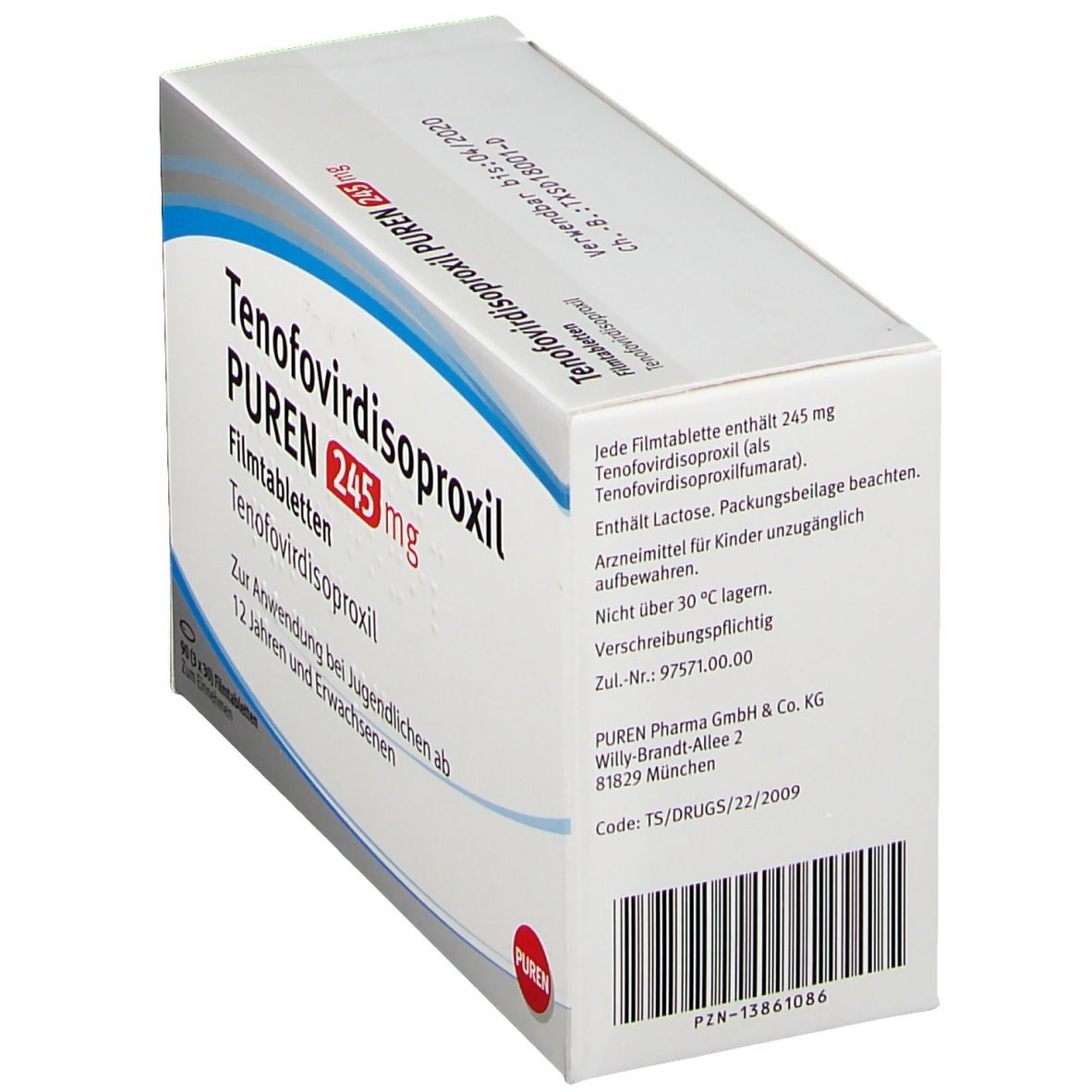 Rückseite der Schachtel mit Tenofovirdisoproxil PUREN 245 mg Filmtabletten. Text in Deutsch. Enthält Informationen und Herstellerangaben.
