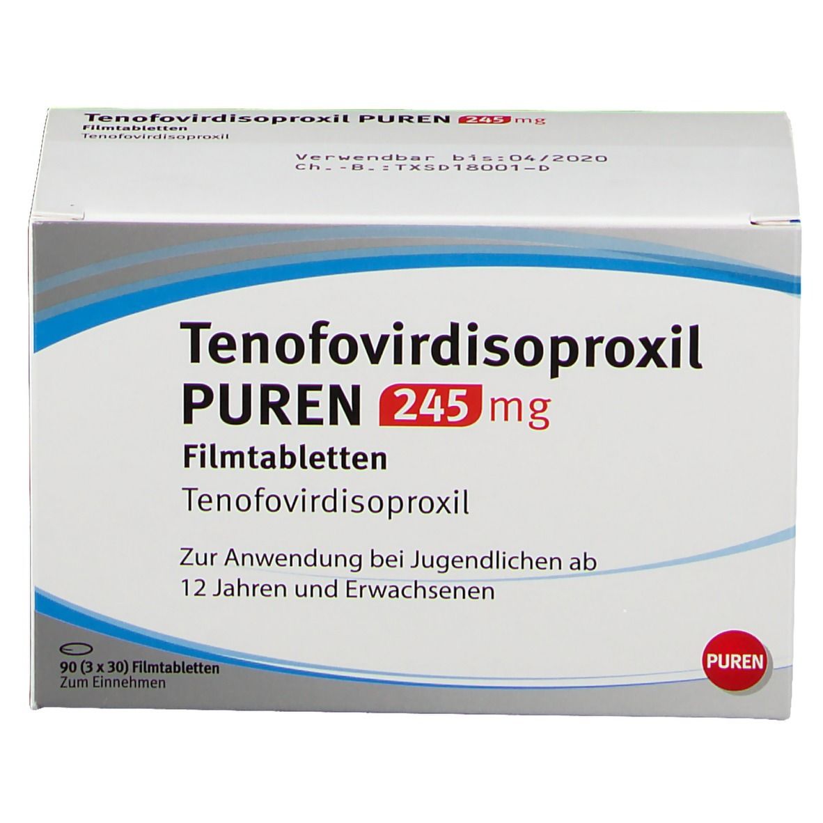 Schachtel mit Tenofovirdisoproxil PUREN 245 mg Filmtabletten. Weiße Verpackung mit blauen und roten Akzenten. Text in Deutsch.