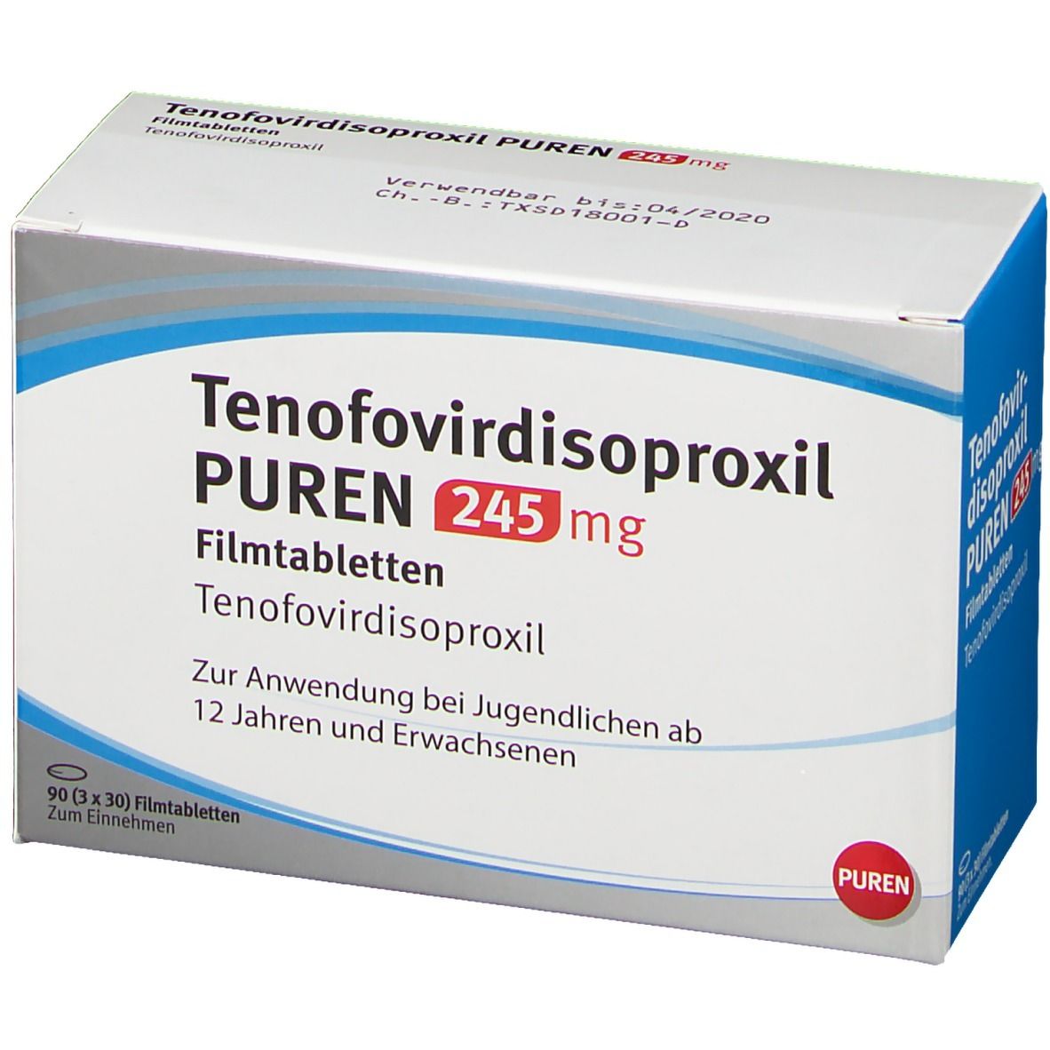 Schachtel mit Tenofovirdisoproxil PUREN 245 mg Filmtabletten. Weiße Verpackung mit blauen und roten Akzenten. Text in Deutsch.