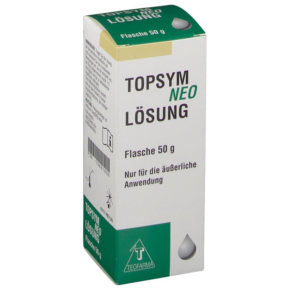 Karton von TOPSYM NEO Lösung. Weiß, grün und gelb. Text: TOPSYM NEO Lösung, Flasche 50 g, Nur für die äußerliche Anwendung. Barcode.