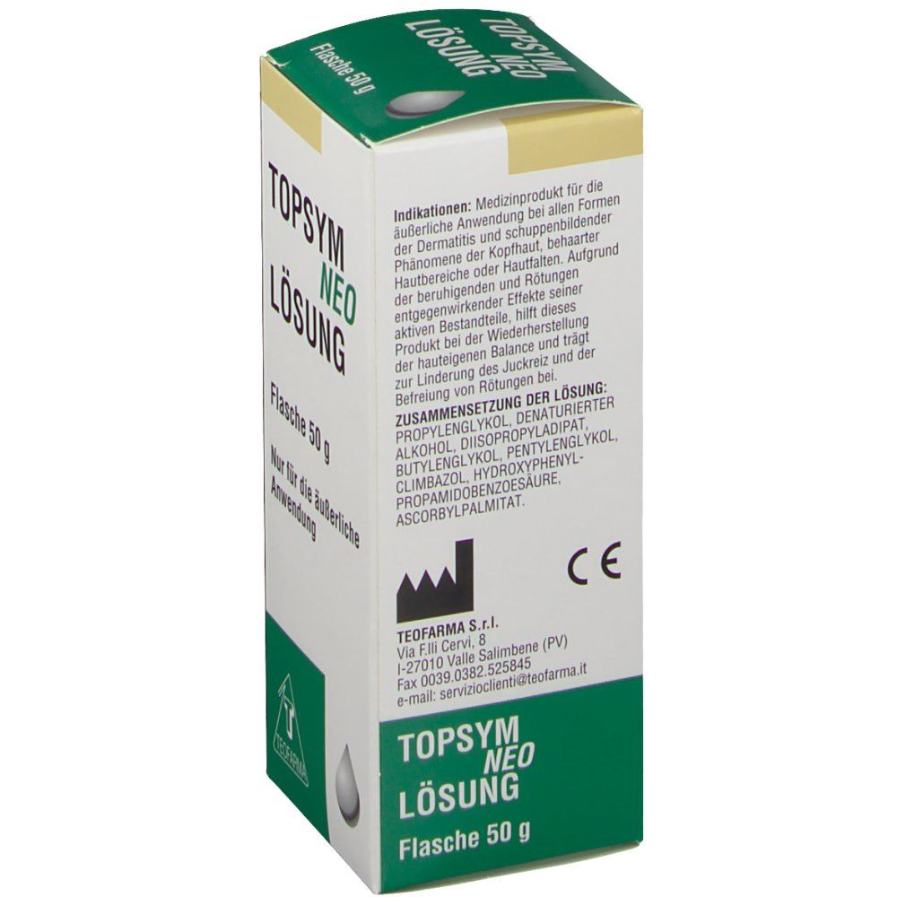 Rückseite der TOPSYM NEO Lösung Verpackung. Text: Indikationen, Zusammensetzung, Teofarma S.r.l. CE-Zeichen. Tropfen-Symbol.