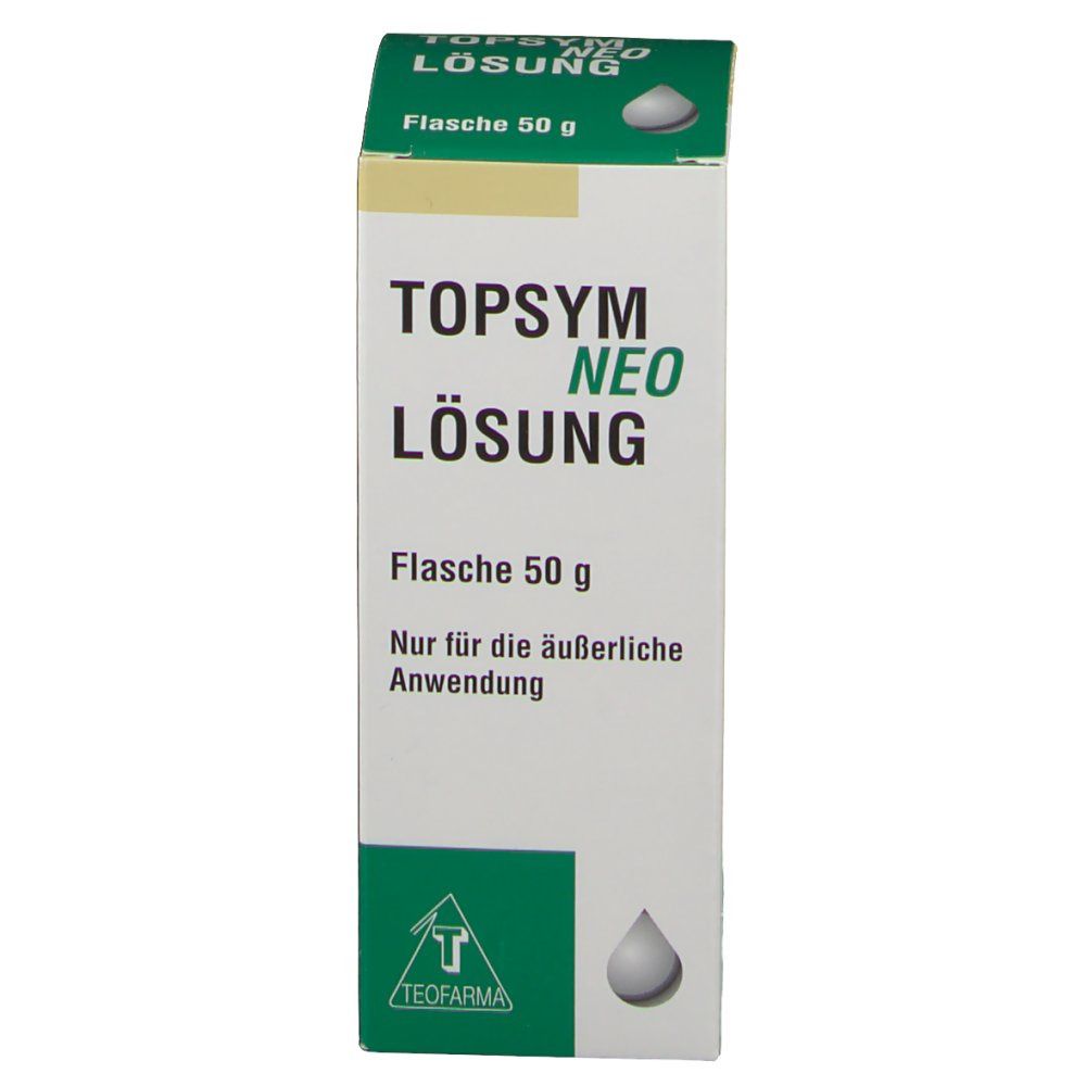 Karton von TOPSYM NEO Lösung. Weiß, grün und gelb. Text: TOPSYM NEO Lösung, Flasche 50 g, Nur für die äußerliche Anwendung. Teofarma Logo.