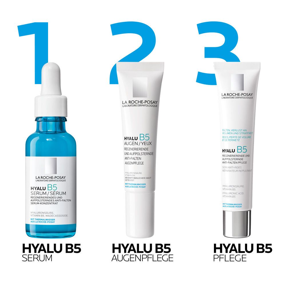 Drei Produkte: Hyalu B5 Serum, Augenpflege und Pflege. Blaue Flasche, weiße Tuben. Alle mit blauem Schriftzug.