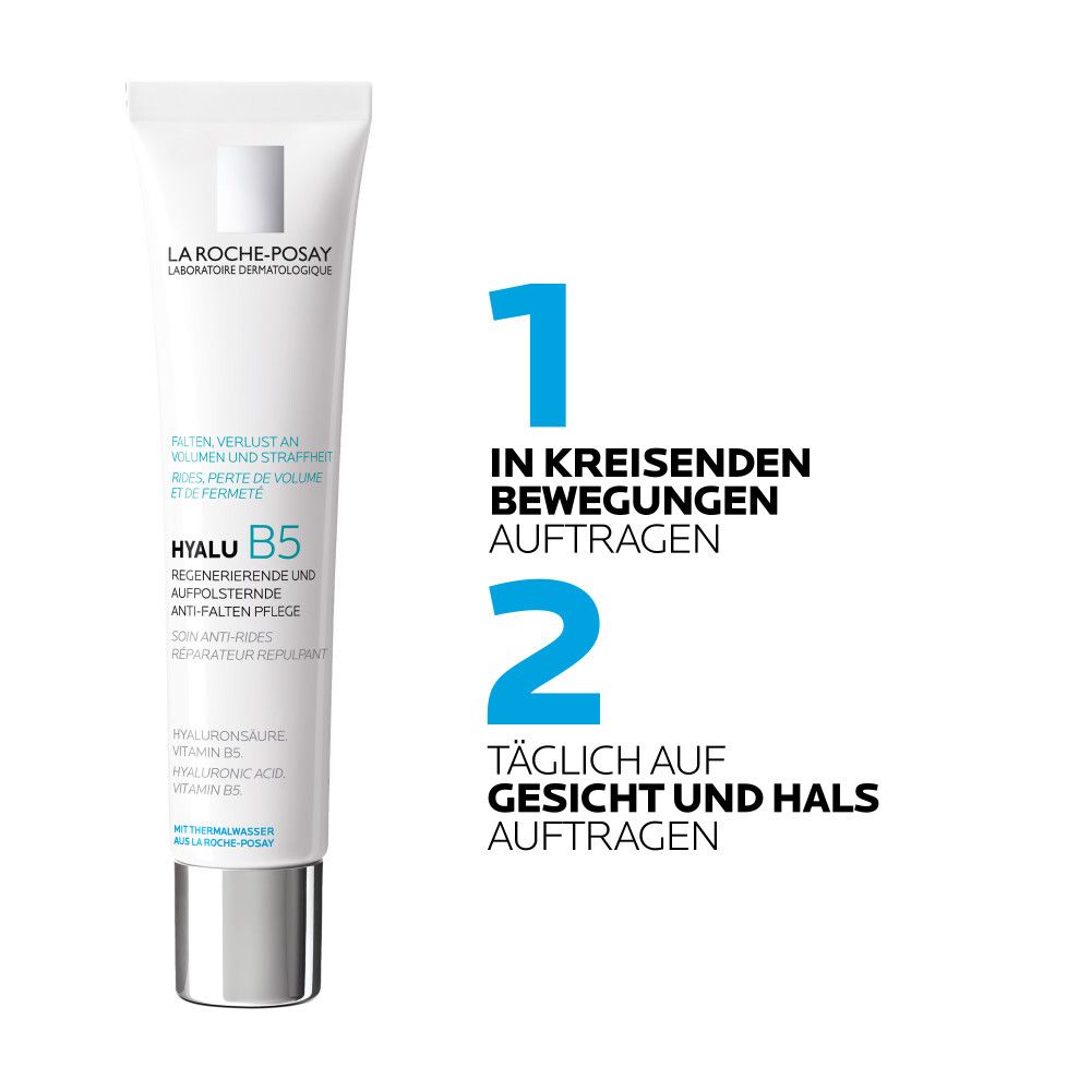Weiße Tube mit blauer Schrift. Anwendung: In kreisenden Bewegungen auftragen. Täglich auf Gesicht und Hals auftragen.