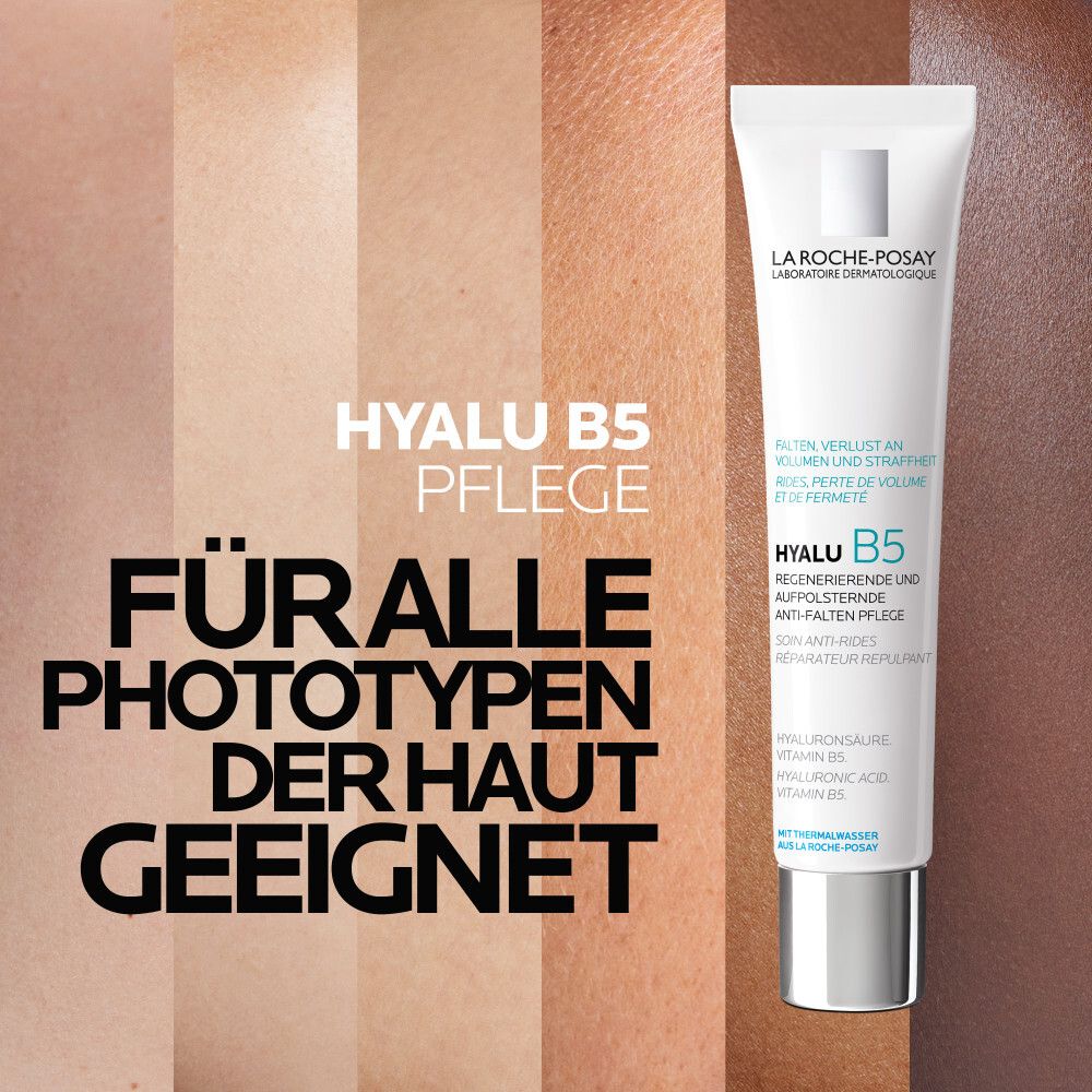 Weiße Tube mit blauer Schrift. Text: Für alle Phototypen der Haut geeignet. Produkt neben Hautton-Mustern.