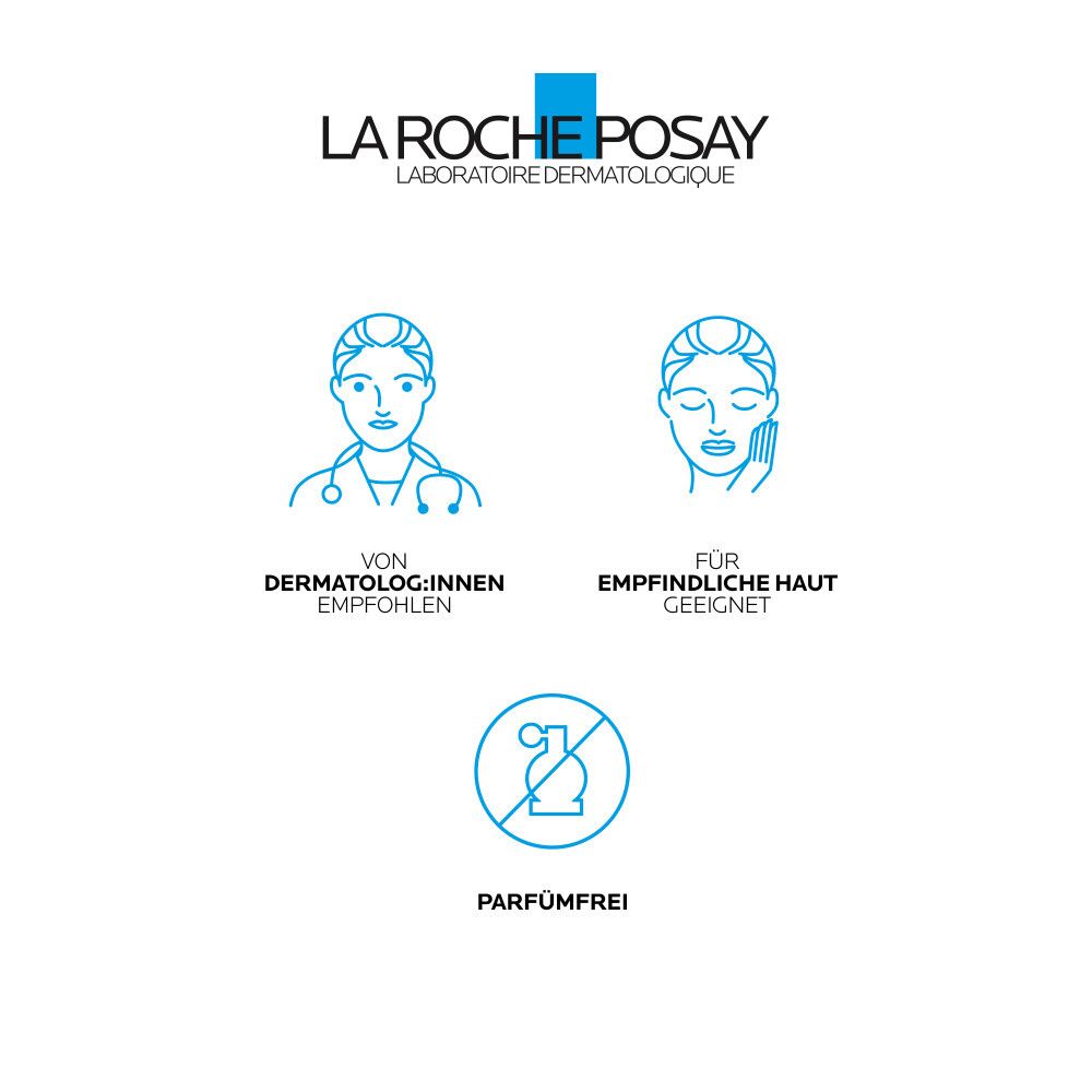 Logo La Roche-Posay. Illustrationen: Dermatologen empfohlen, für empfindliche Haut geeignet, parfümfrei.