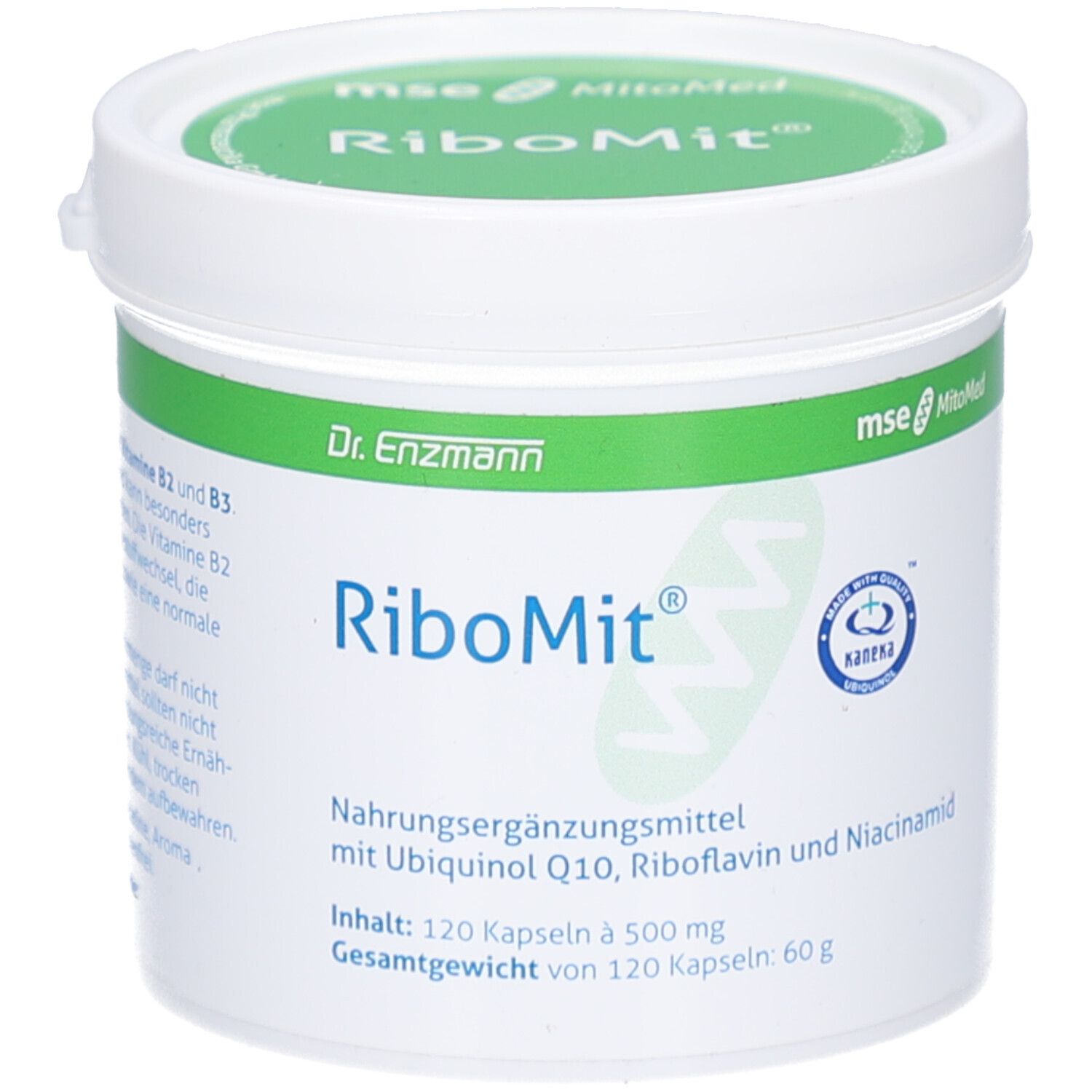 Weißes Dose mit grünem Deckel. Aufschrift: RiboMit, Nahrungsergänzungsmittel mit Ubiquinol Q10, Riboflavin und Niacinamid. 120 Kapseln.