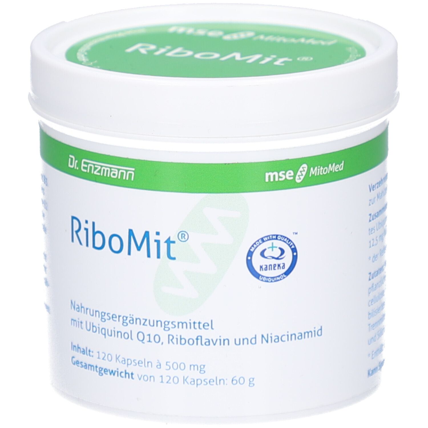 Weiße Dose mit grünem Deckel. Aufschrift: RiboMit, Nahrungsergänzungsmittel mit Ubiquinol Q10, Riboflavin und Niacinamid. 120 Kapseln.