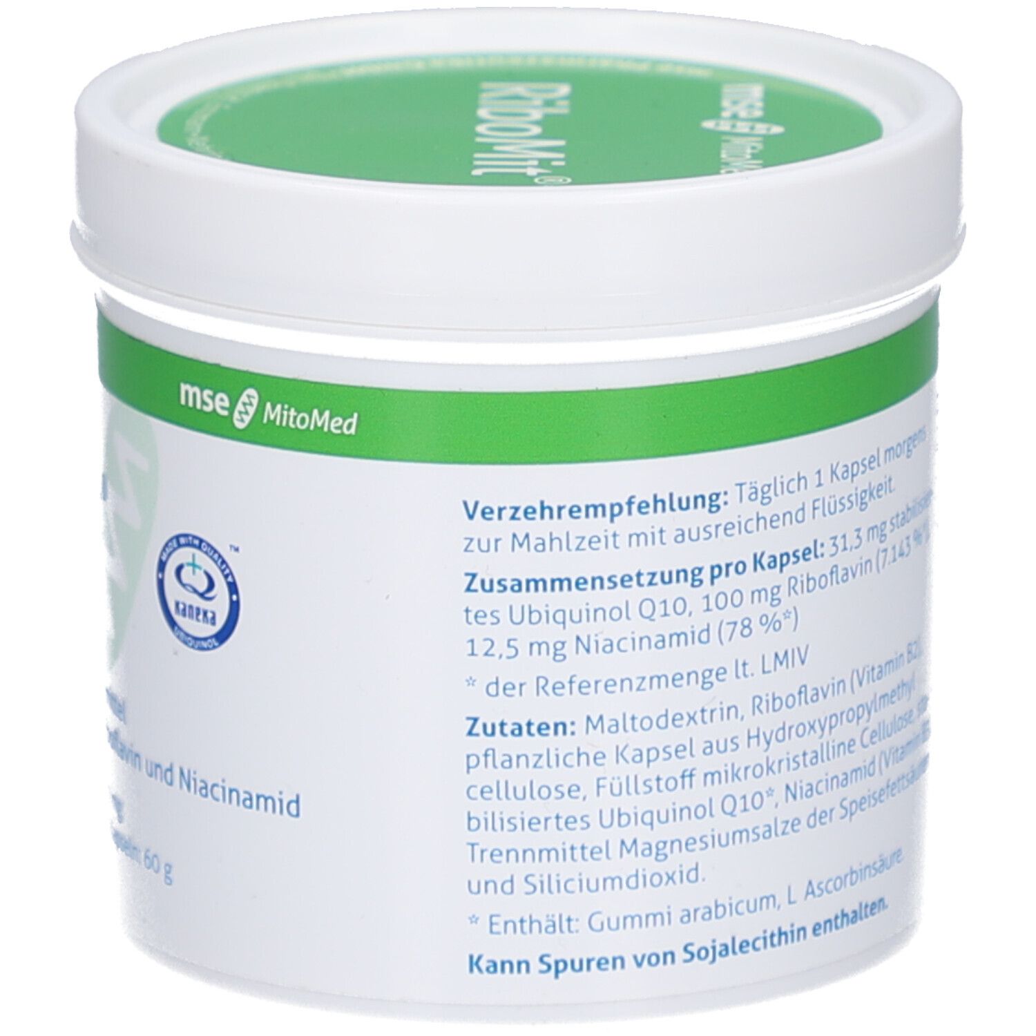Weiße Dose mit grünem Deckel. Text: Verzehrempfehlung: 1 Kapsel morgens. Zusammensetzung pro Kapsel: Ubiquinol Q10, Riboflavin, Niacinamid. Enthält Sojalecithin.