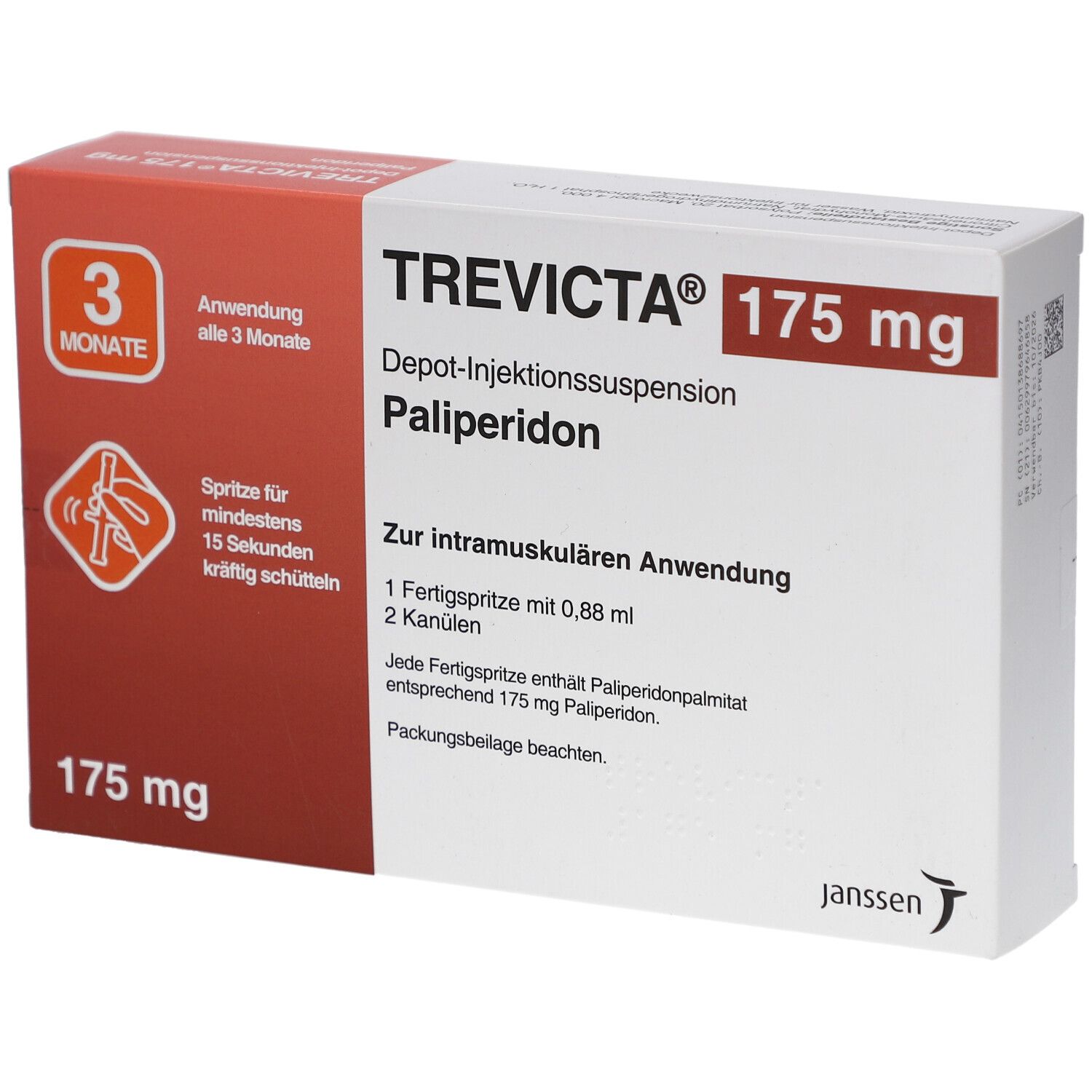 Verpackung von TREVICTA 175 mg. Rote und weiße Schachtel mit Produktinformationen und Janssen-Logo. 3 Monate Anwendung.