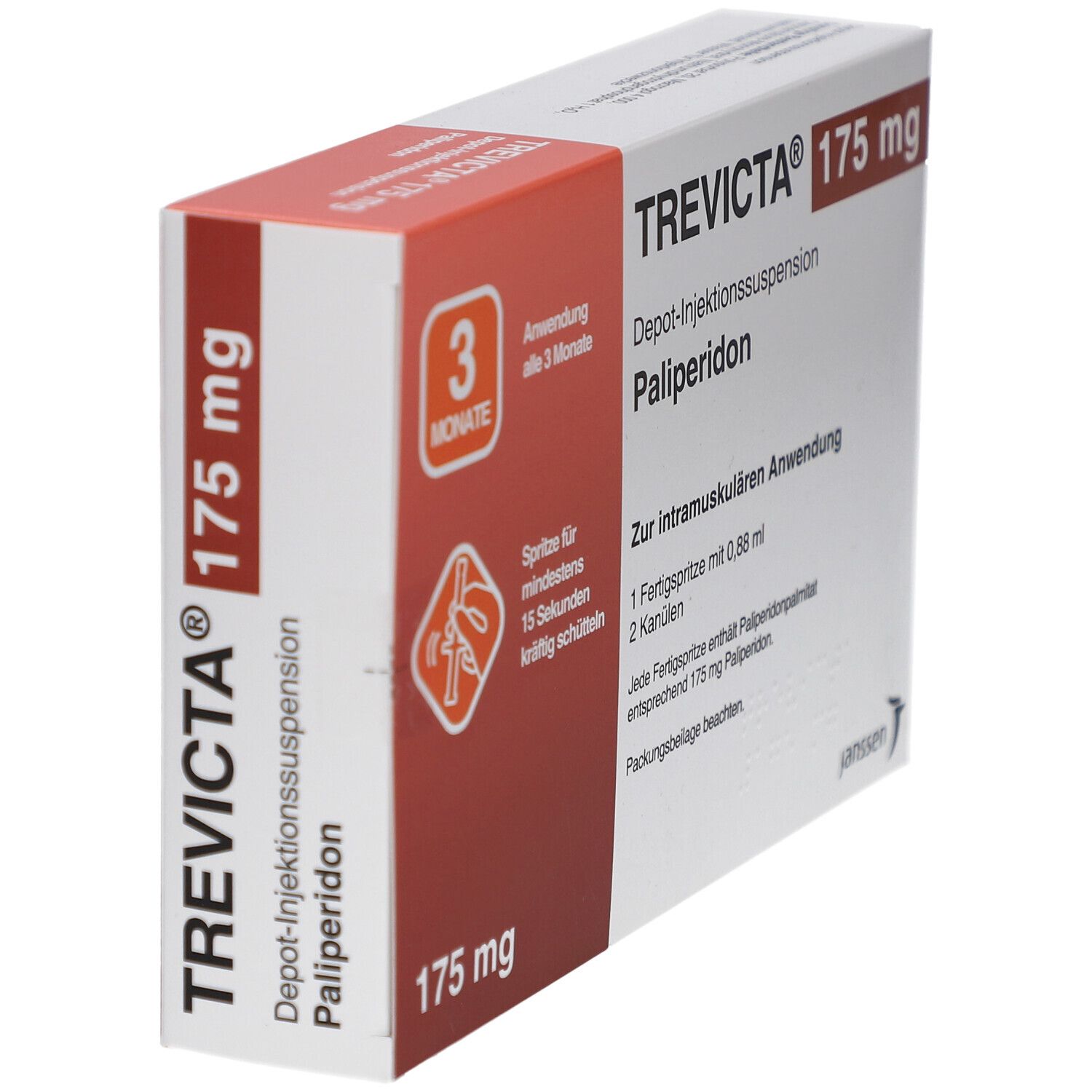 TREVICTA 175 mg Verpackung. Rote und weiße Schachtel mit Produktnamen, Dosierung und Informationen. 3 Monate Anwendung.