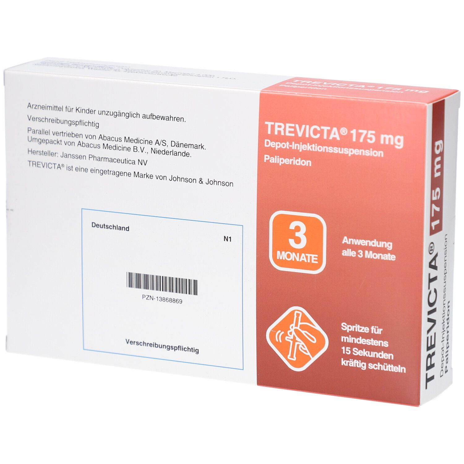 Rückseite der TREVICTA 175 mg Verpackung. Enthält Informationen, Herstellerdetails und das 3-Monate-Anwendungssymbol.