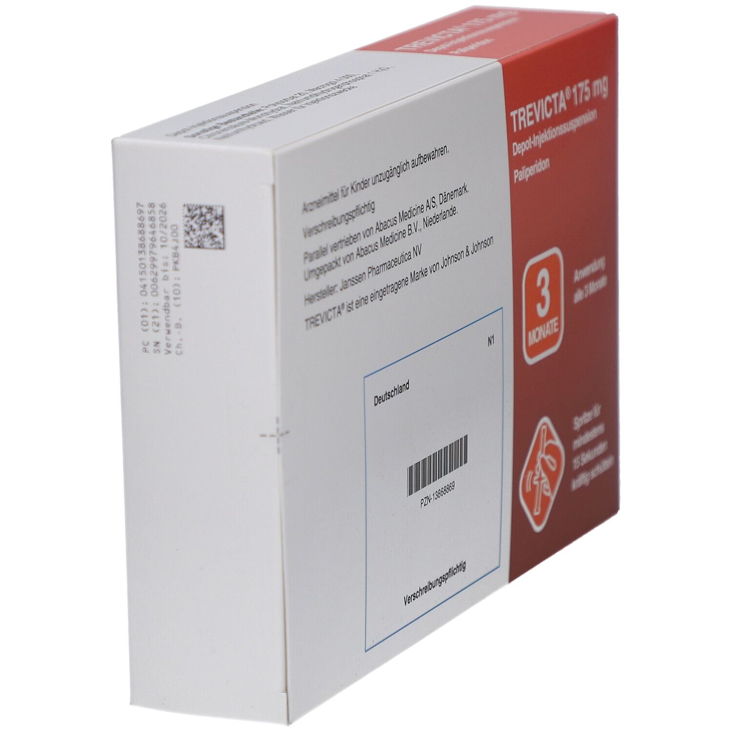 Seitenansicht der TREVICTA 175 mg Verpackung. Zeigt Informationen, Barcode und das 3-Monate-Anwendungssymbol.