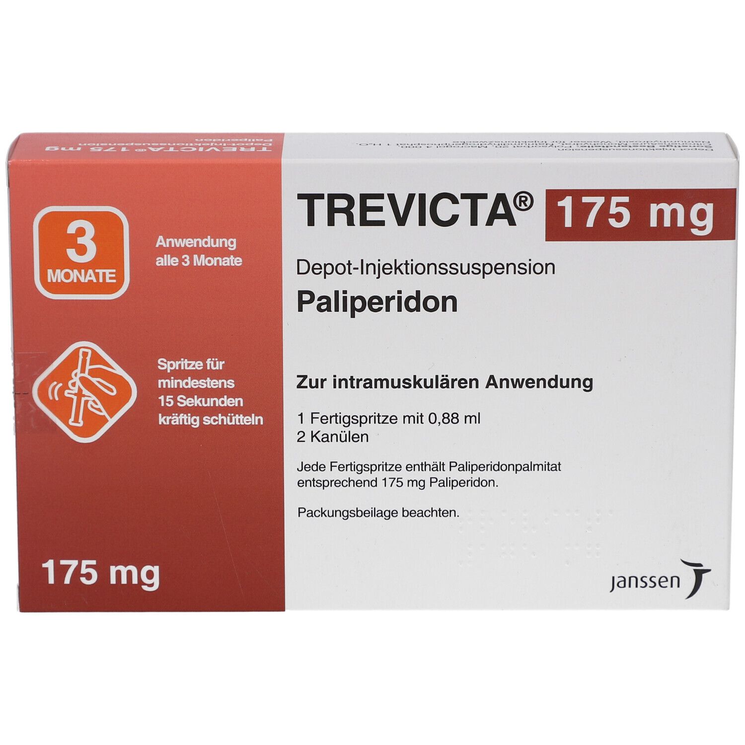 TREVICTA 175 mg Verpackung. Rote und weiße Schachtel mit Produktinformationen und Janssen-Logo. 3 Monate Anwendung.