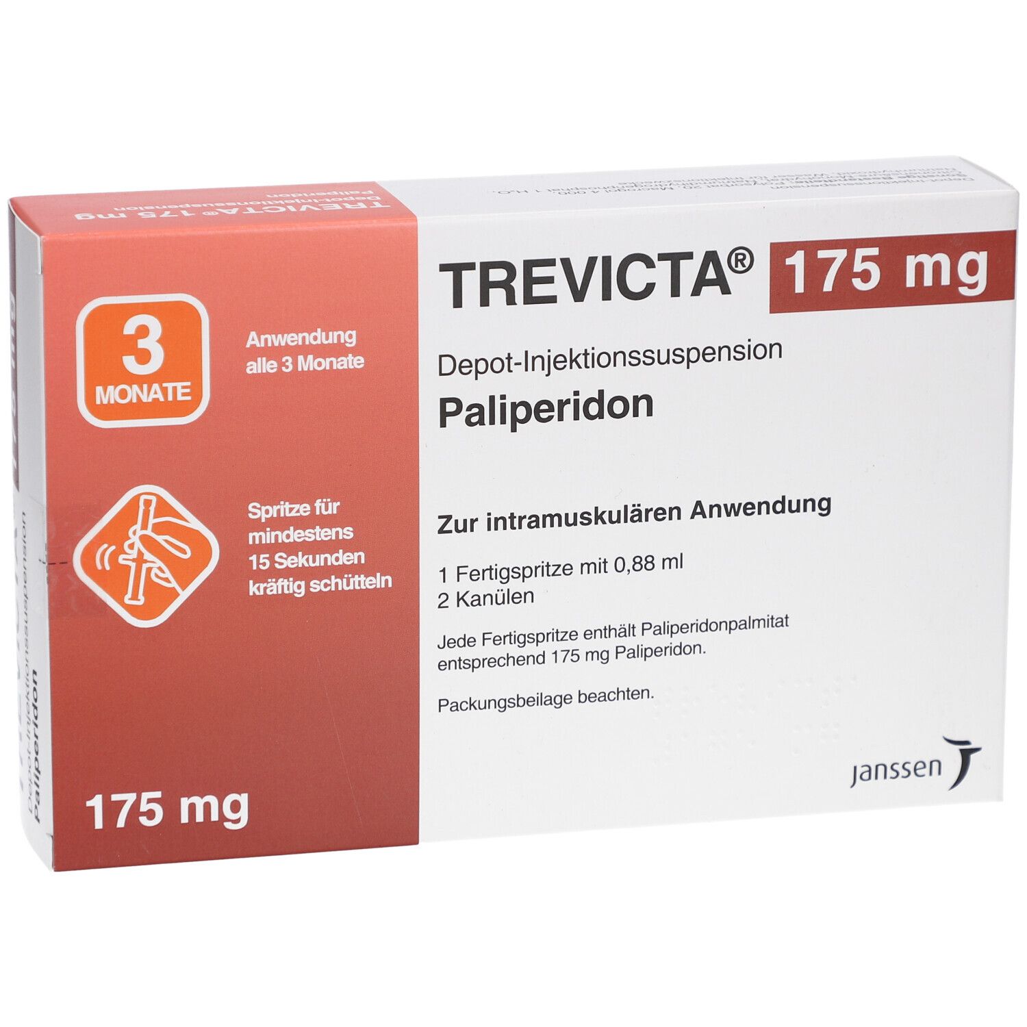 TREVICTA 175 mg Verpackung. Rote und weiße Schachtel mit Produktinformationen und Janssen-Logo. 3 Monate Anwendung.