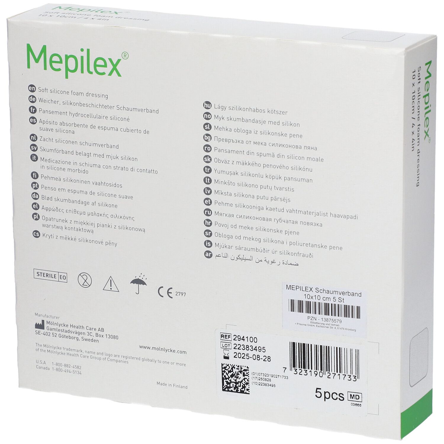 Rückseite der Mepilex Border Flex Lite Schaumverband Verpackung mit Produktinformationen.