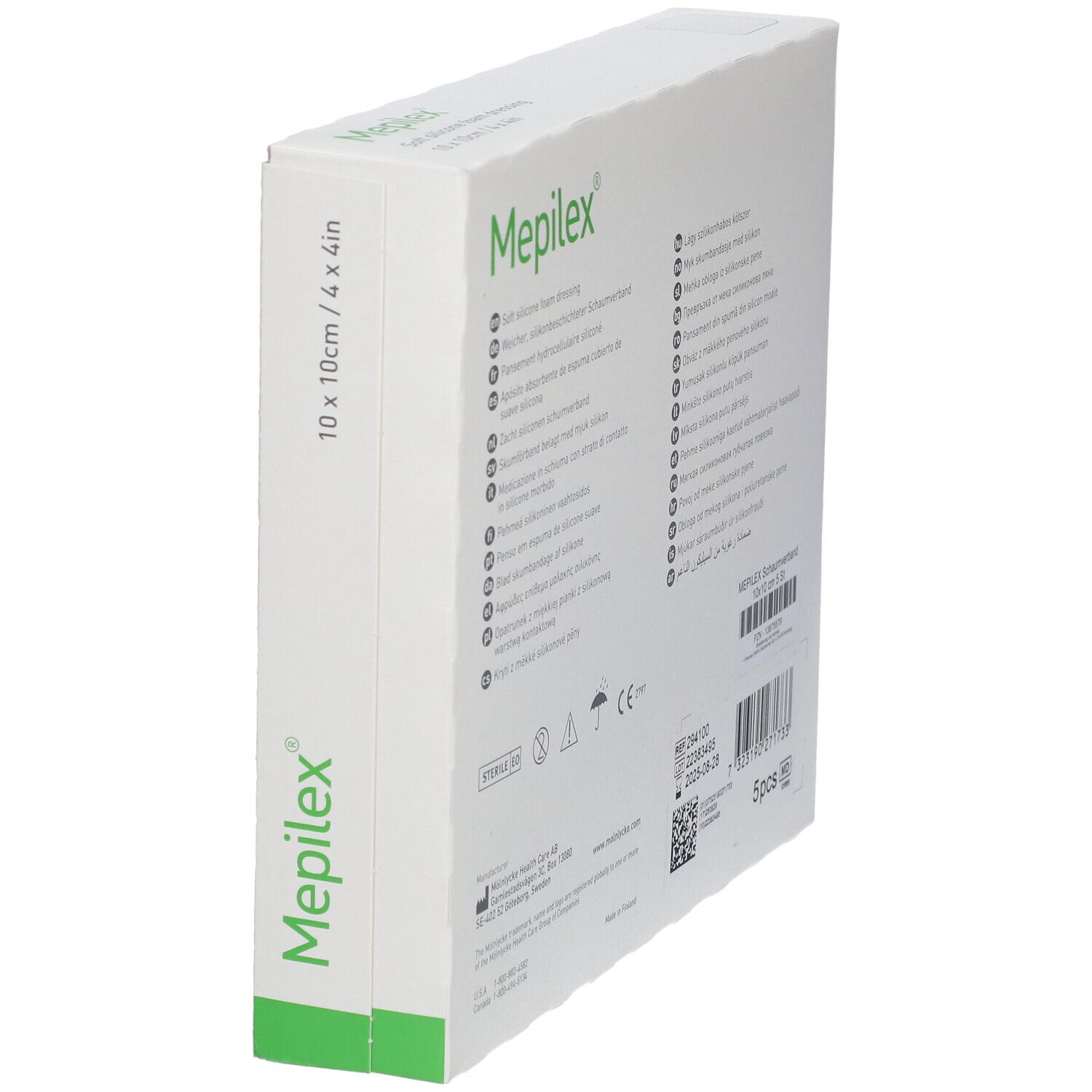 Mepilex Border Flex Lite Schaumverband 10x10cm Verpackung, schräge Ansicht.