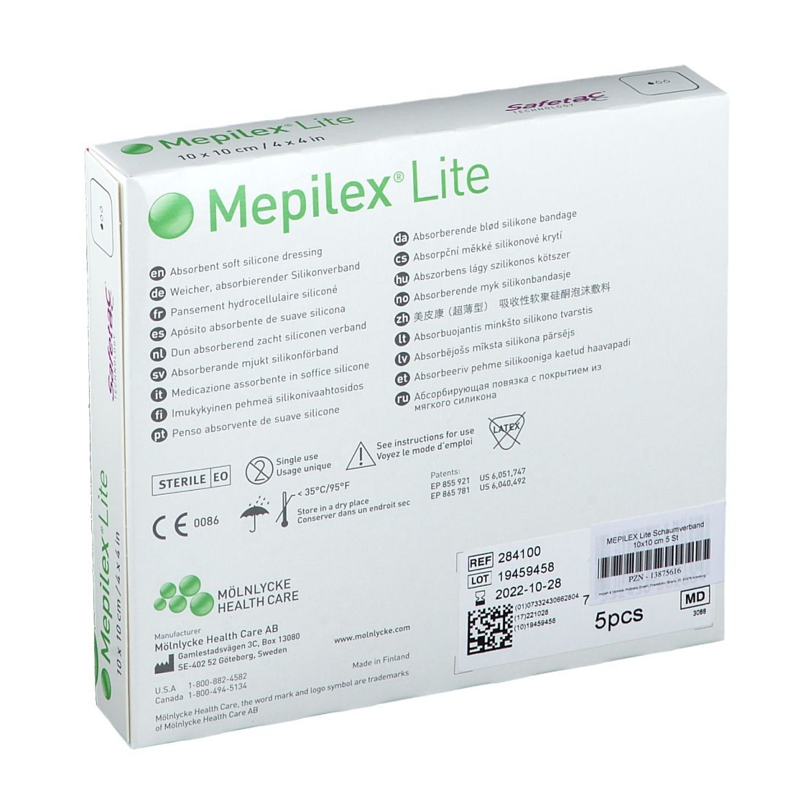 Rückseite der Verpackung mit Text in mehreren Sprachen. Produktname: Mepilex Lite. Größe: 10 x 10 cm. Steril.