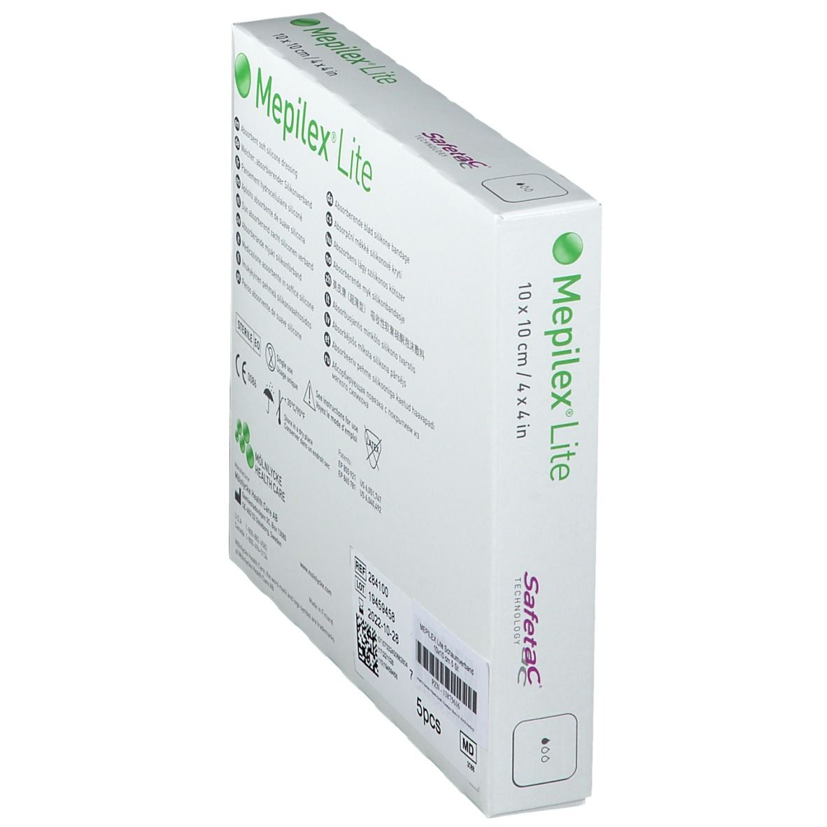 Schrägansicht der Verpackung. Produktname: Mepilex Lite. Größe: 10 x 10 cm. Safetac Technologie. 5 Stück.