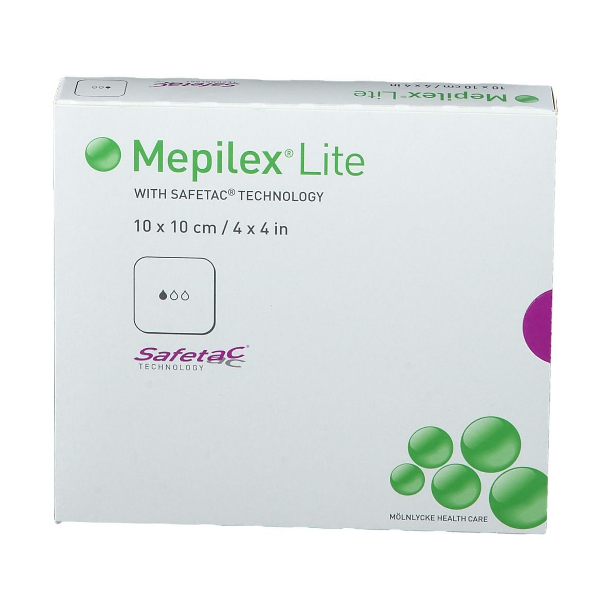 Weiße Verpackung mit grünem Logo und Text. Produktname: Mepilex Lite. Größe: 10 x 10 cm. Safetac Technologie.