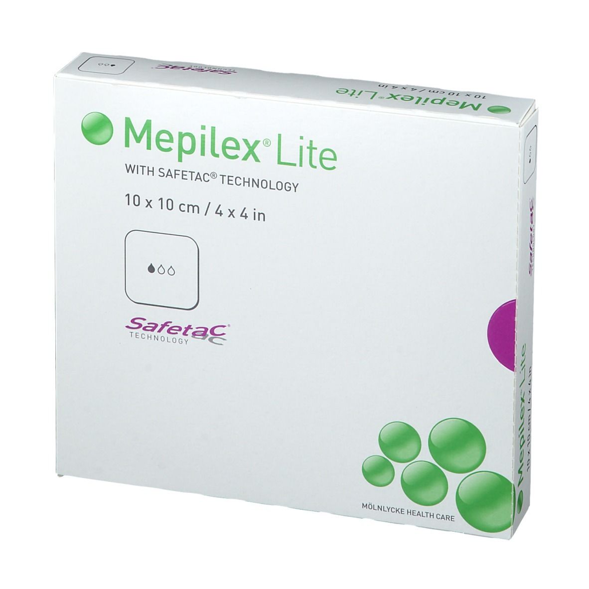 Weiße Verpackung mit grünem Logo und Text. Produktname: Mepilex Lite. Größe: 10 x 10 cm. Safetac Technologie.
