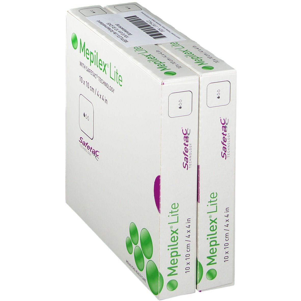 Zwei Verpackungen Mepilex Lite Schaumverband 10x10 cm steril, mit Safetac Technologie.