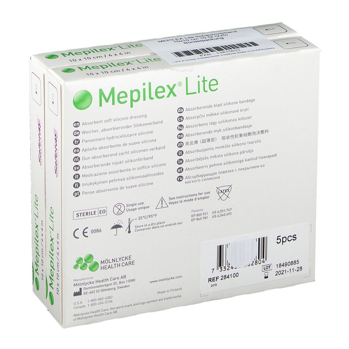Rückseite Verpackung Mepilex Lite 10x10 cm steril. Enthält 5 Stück. CE-Kennzeichnung und Anwendungshinweise.