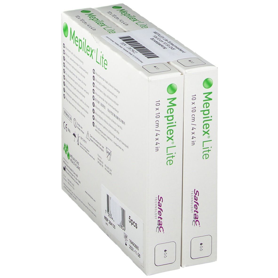Zwei Verpackungen Mepilex Lite Schaumverband 10x10 cm steril, mit Safetac Technologie.