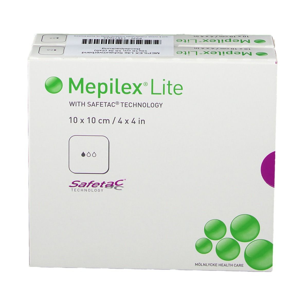 Verpackung Mepilex Lite Schaumverband 10x10 cm steril, mit Safetac Technologie.