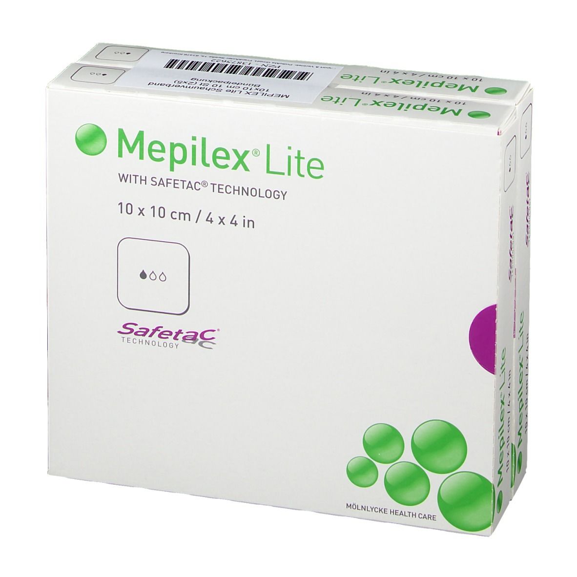 Verpackung Mepilex Lite Schaumverband 10x10 cm steril, mit Safetac Technologie.