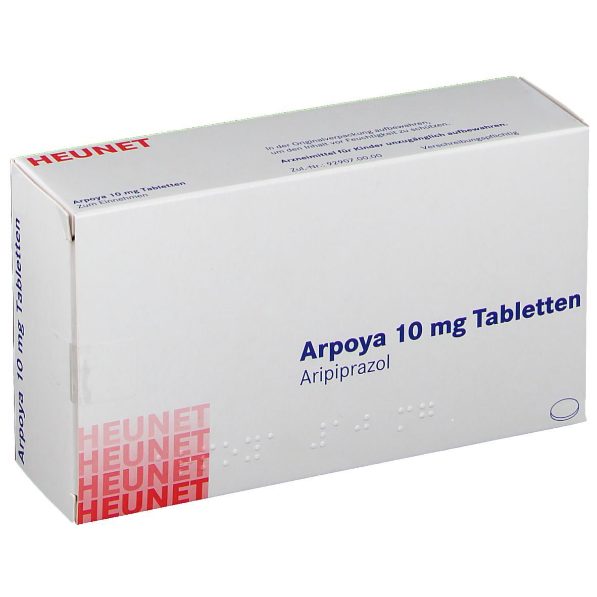 Weiße Schachtel mit Aufschrift Arpoya 10 mg Tabletten und HEUNET-Logo. Aripiprazol.