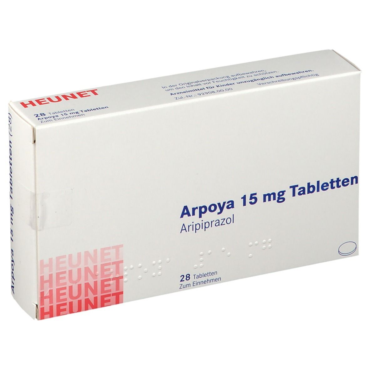Weiße Tablettenbox mit Aufschrift Arpoya 15 mg Tabletten. Marke HEUNET. 28 Tabletten. Aripiprazol.